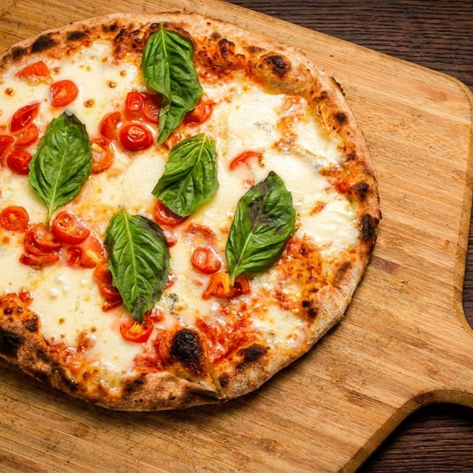 Neapolitan pizza with melted mozzarella, cherry tomatoes, and fresh basil on a wooden peel.