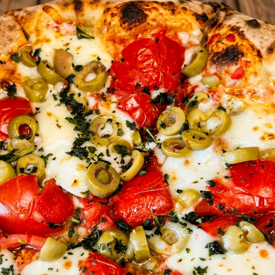 Close-up of a pizza with melted mozzarella, roasted tomatoes, green olives, and herbs on a wooden table.
