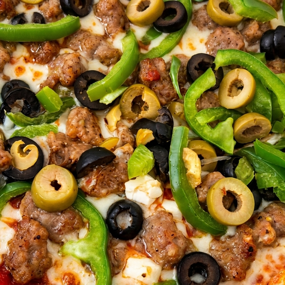 Close-up of a pizza topped with sausage, green peppers, black olives, and green olives.