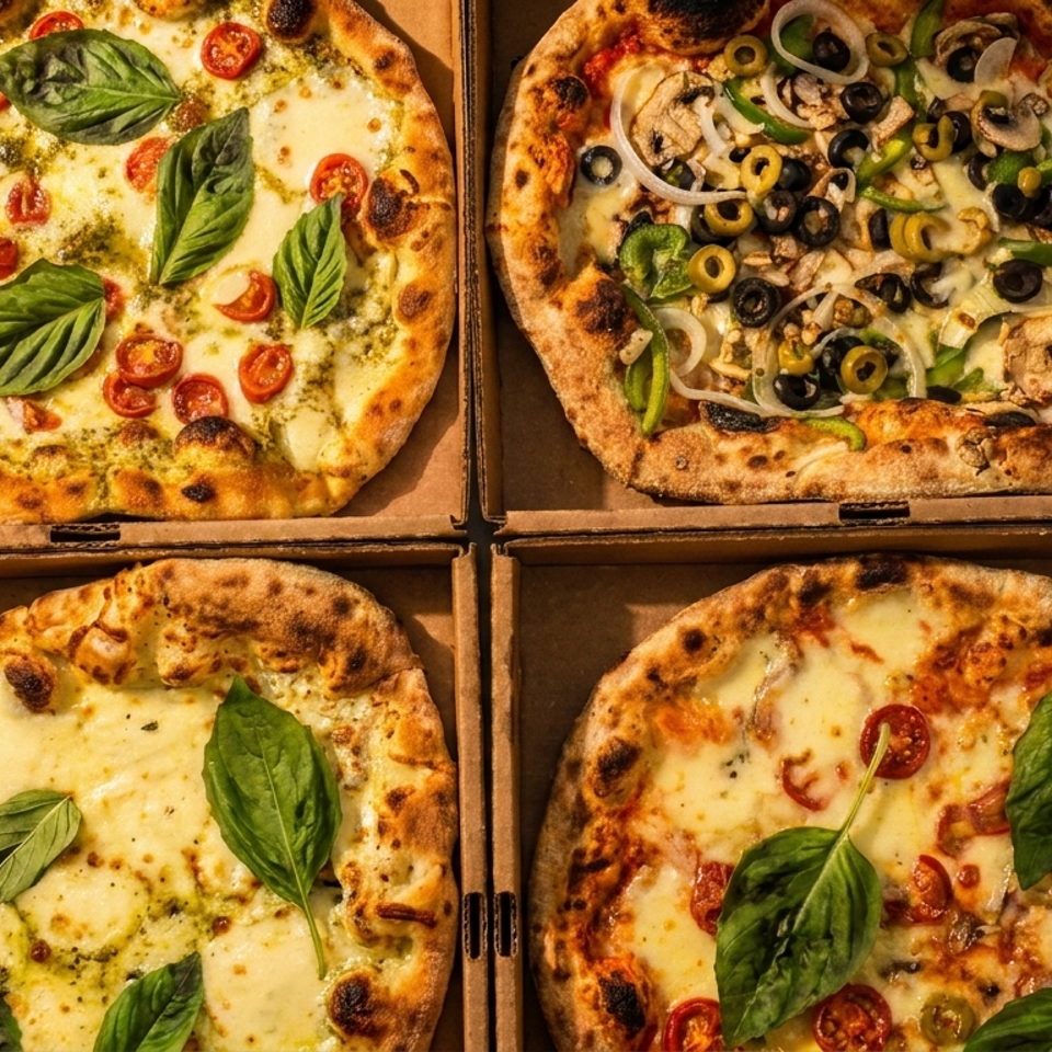 Four pizzas in cardboard boxes, two with basil and tomatoes, one with vegetables, and one plain cheese.