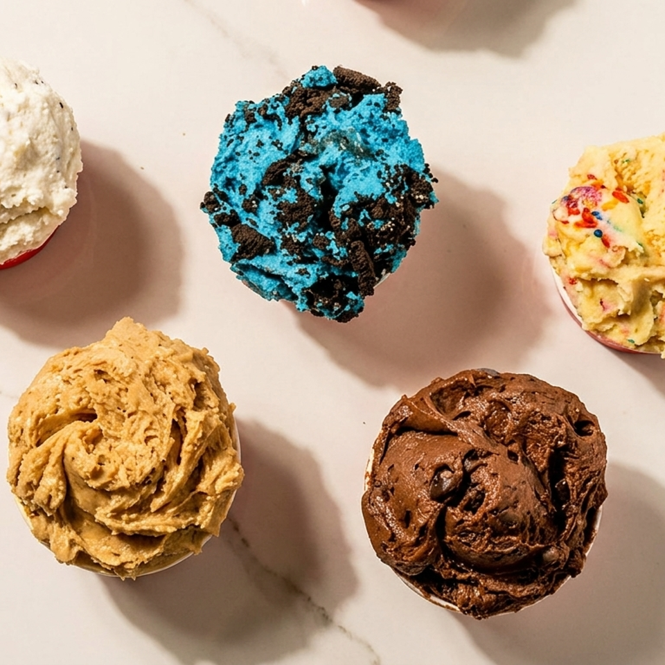 Five scoops of colorful cookie dough in small cups on a white marble surface.