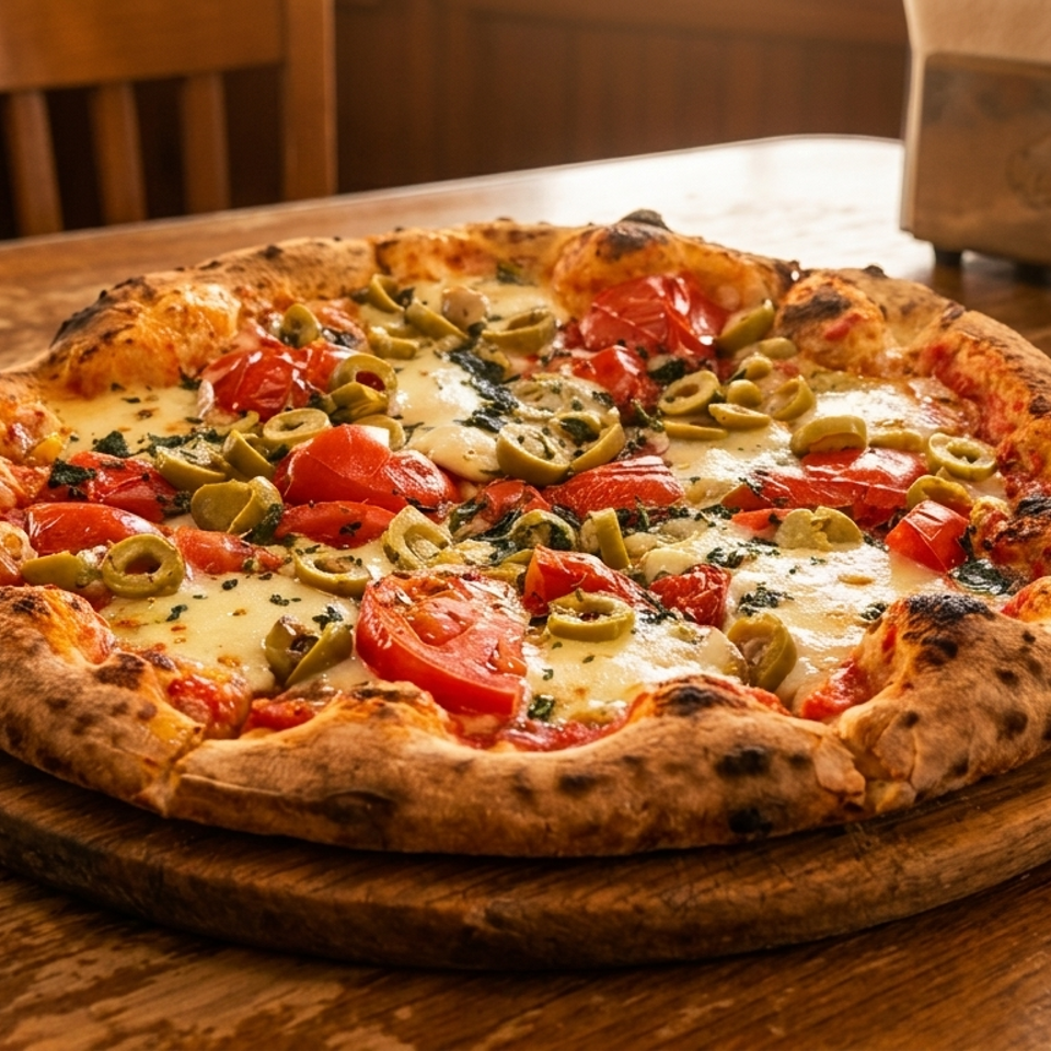 A freshly baked pizza with tomatoes, olives, and cheese on a wooden board at a restaurant.
