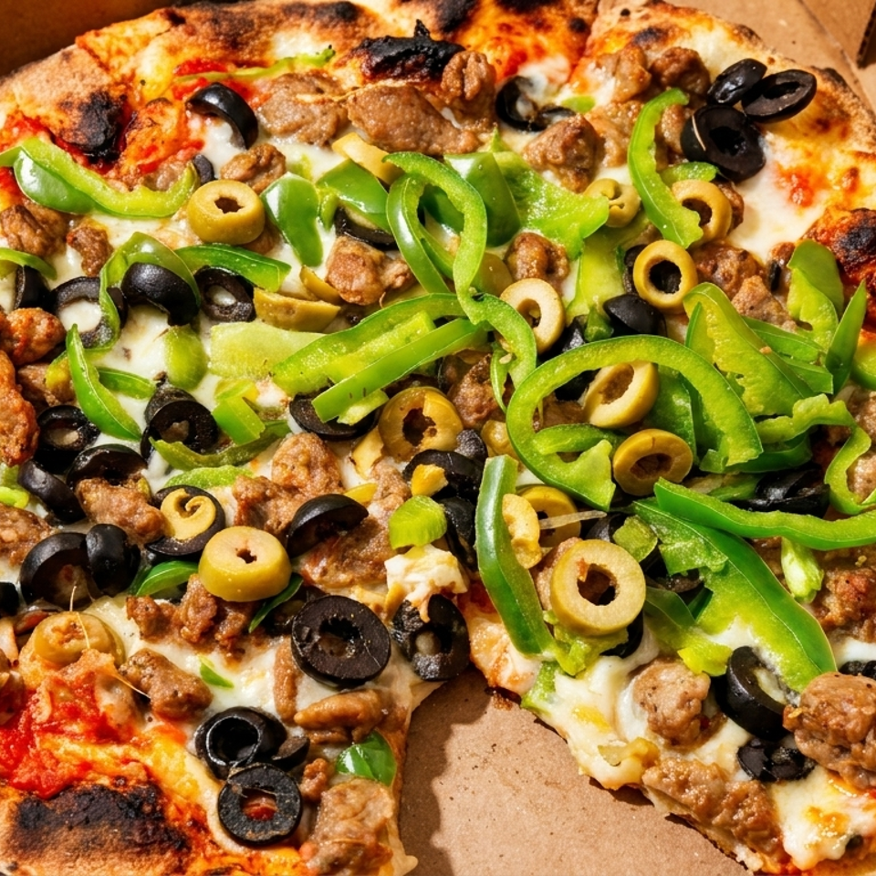A whole pizza with green peppers, black olives, green olives, and sausage in a cardboard box.