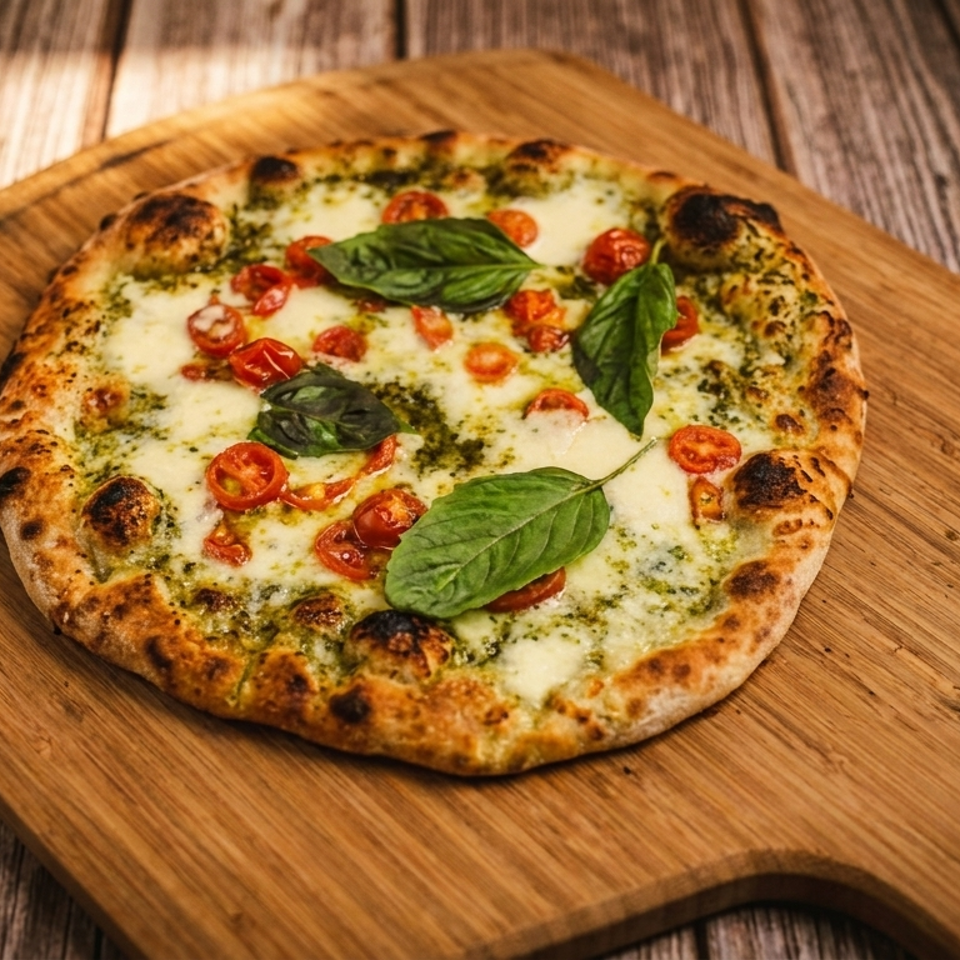 Pesto pizza with cherry tomatoes, mozzarella, and basil on a wooden peel.