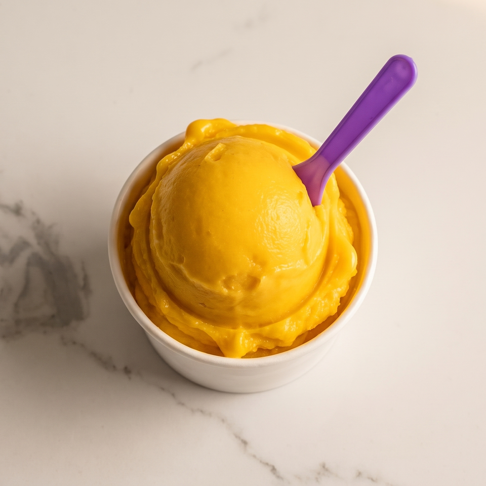 Bright yellow mango sorbet in a white cup with a purple spoon on a marble surface.
