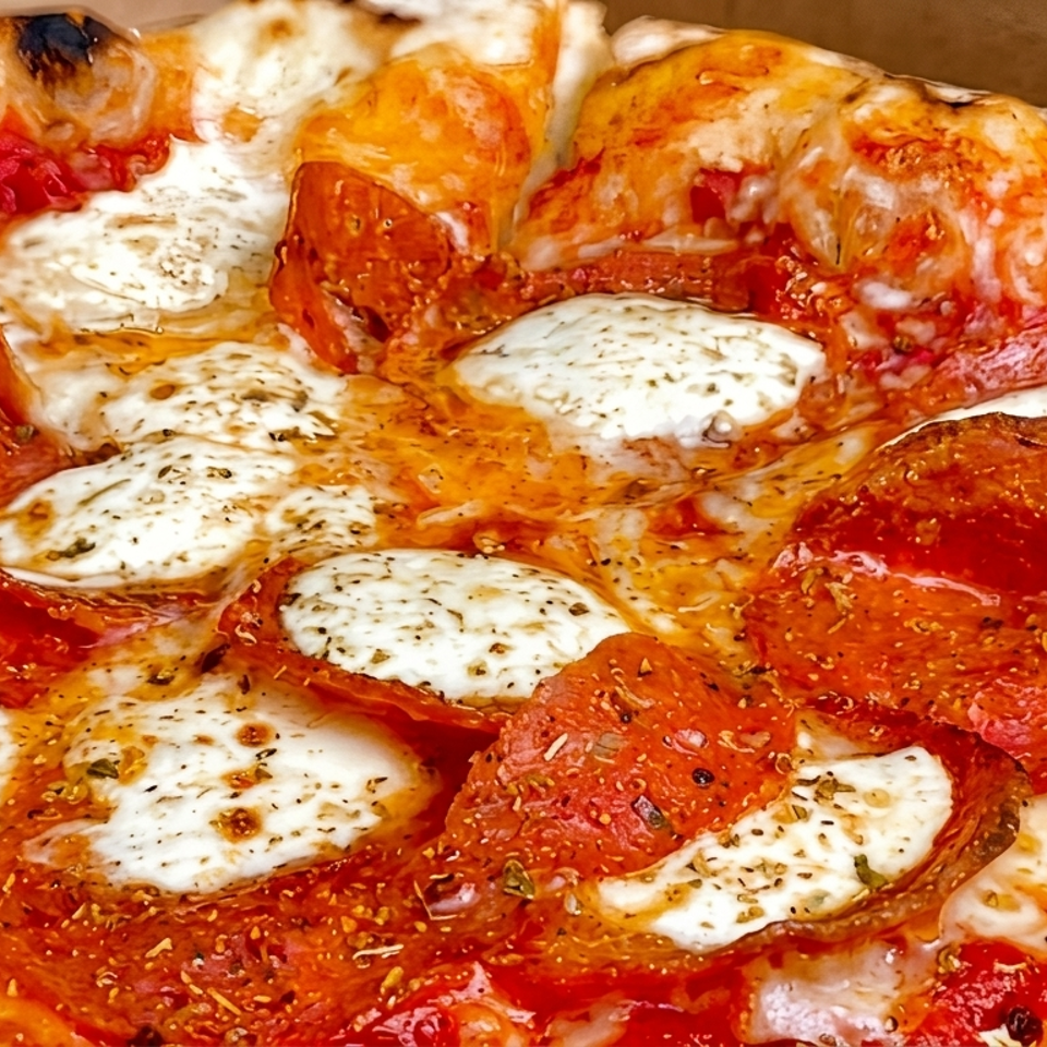 Close-up of a pepperoni pizza with melted mozzarella, tomato sauce, and herbs in a pizza box.