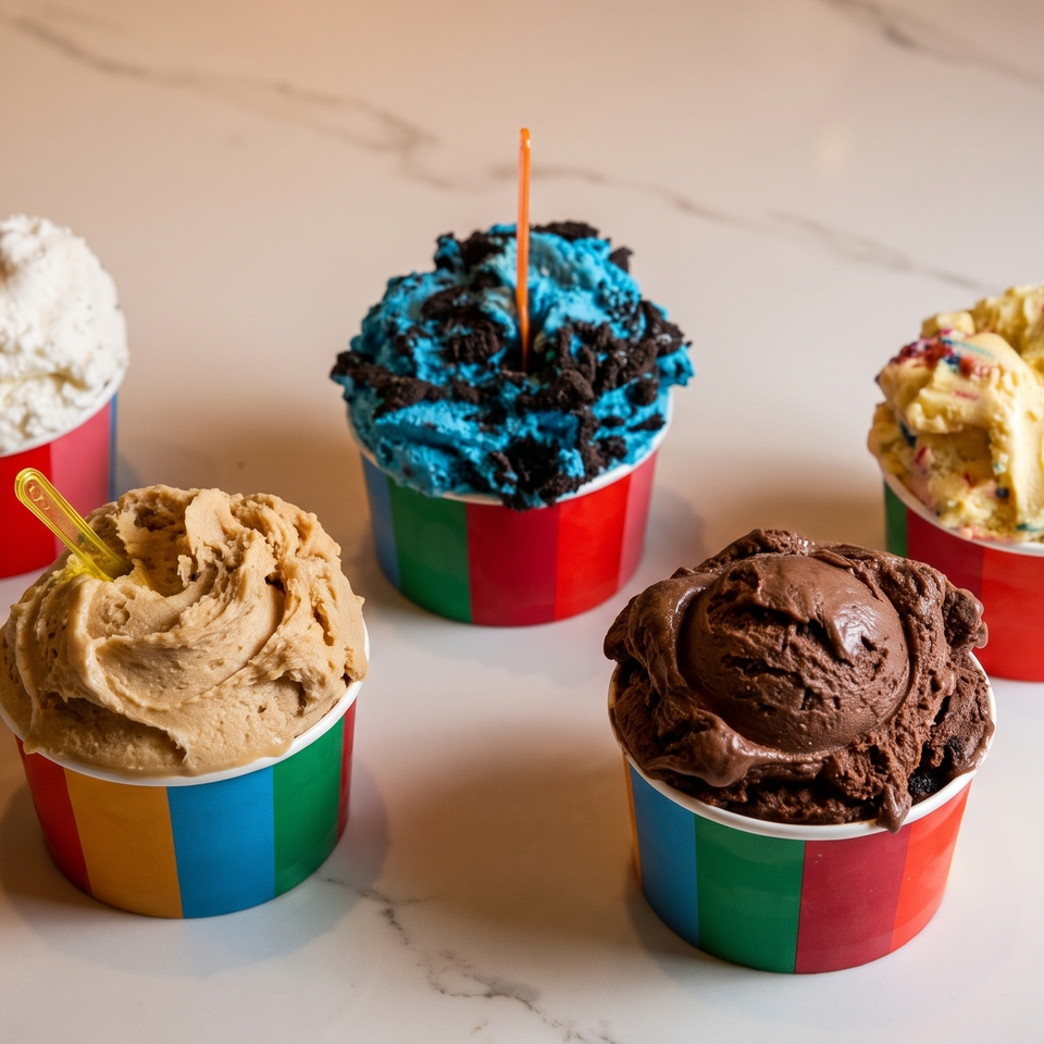 Five colorful cups of various ice cream flavors, including chocolate, vanilla, and blue cookie.