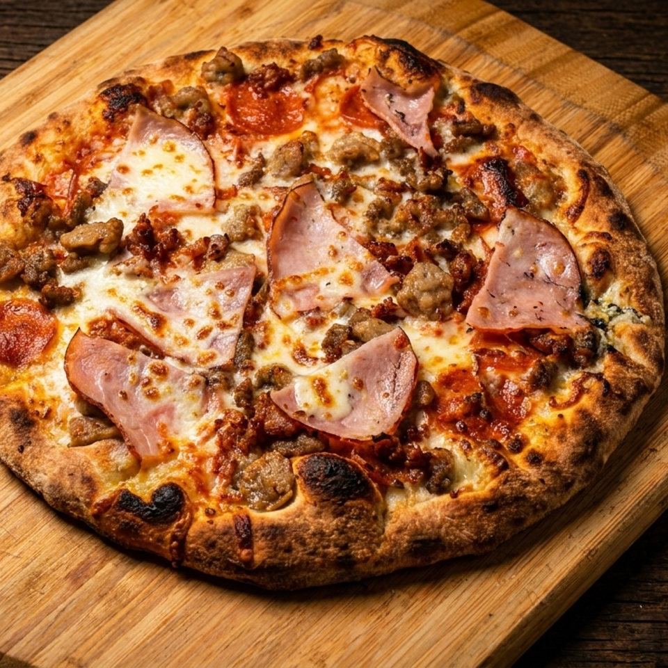 A freshly baked meat lover's pizza with pepperoni, sausage, and ham on a wooden peel.